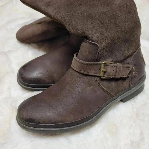 UGG Australia Tupelo Dark Brown Leather Moto Riding Boots Women Sz 6 Waterproof - Picture 9 of 9